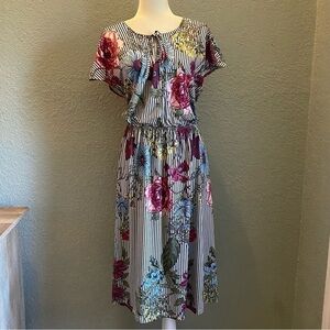 Liza Luxe Striped Floral Midi Dress with Sleeves 1X